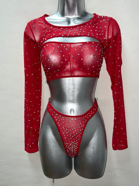 Three Piece Red Mesh Short Set