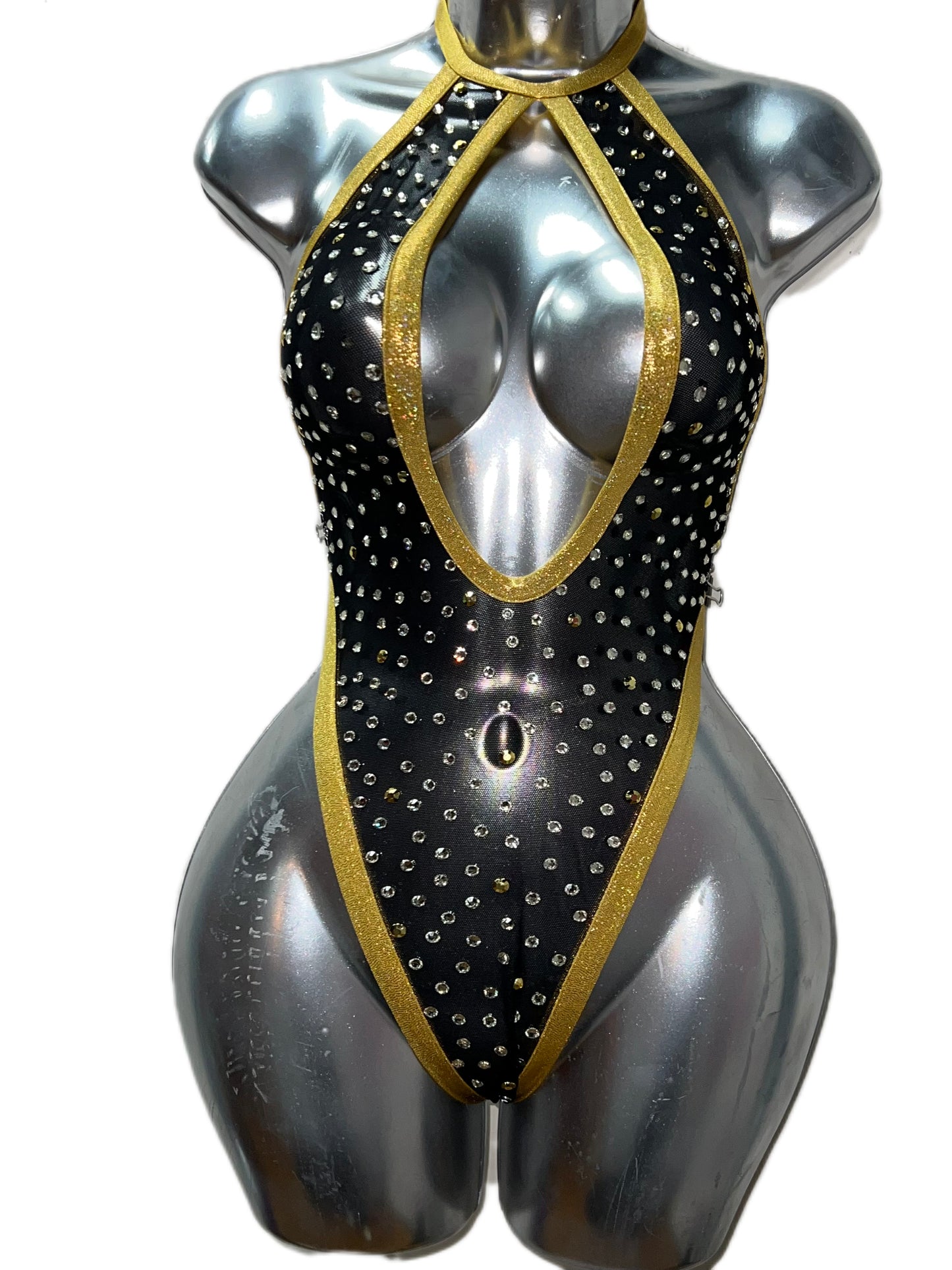 GOLD AND BLACK RHINESTONE BODYSUIT