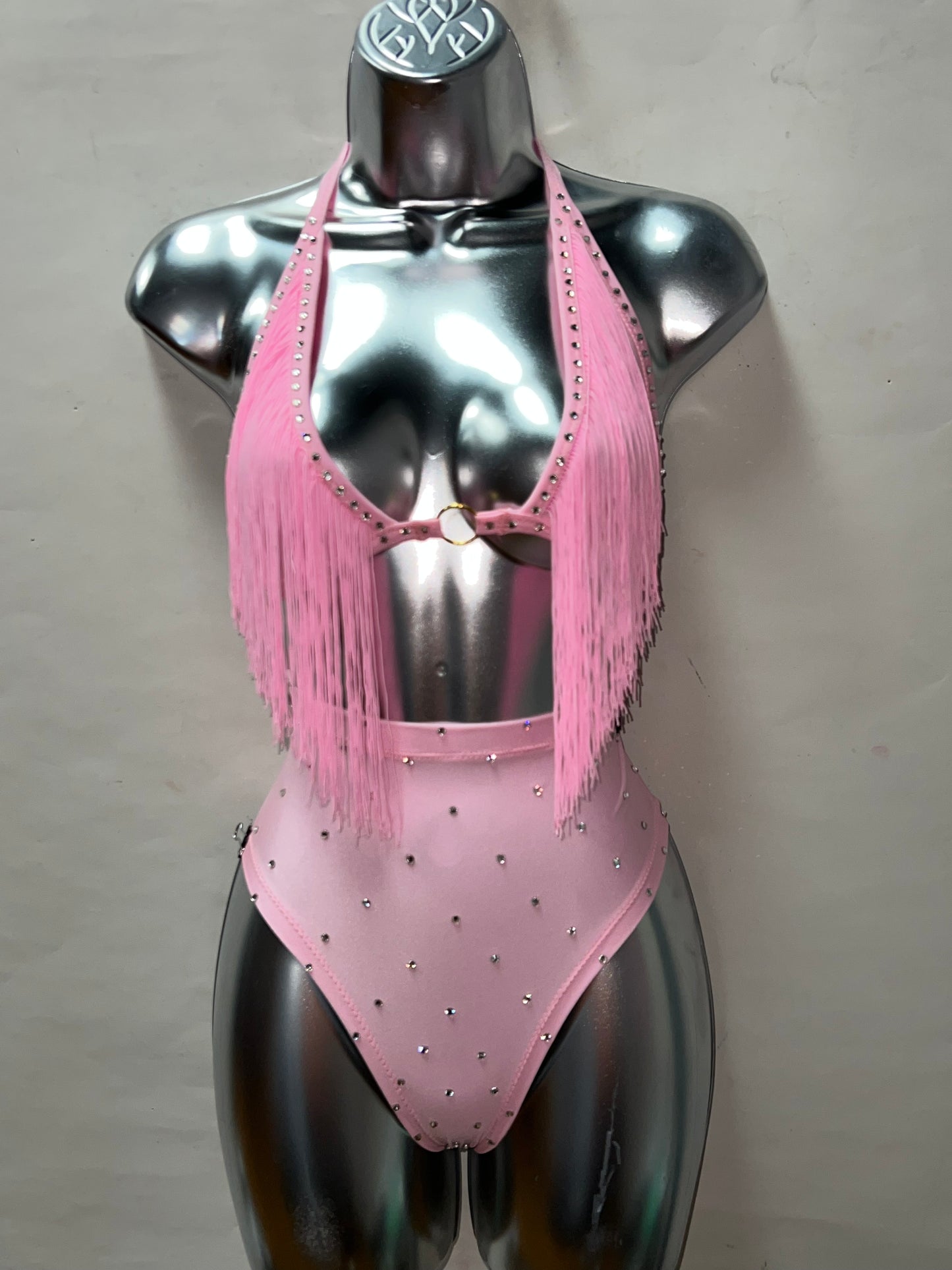 Two Piece Pink Fringe High Waist Set