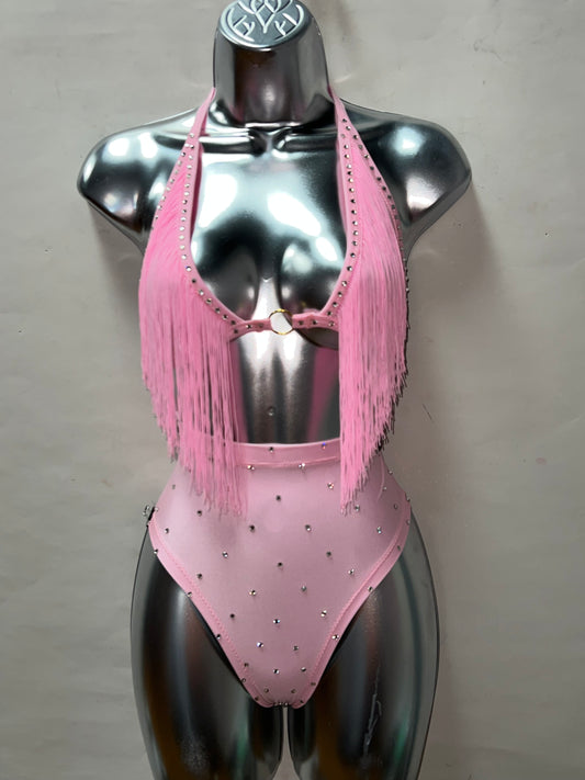 Two Piece Pink Fringe High Waist Set