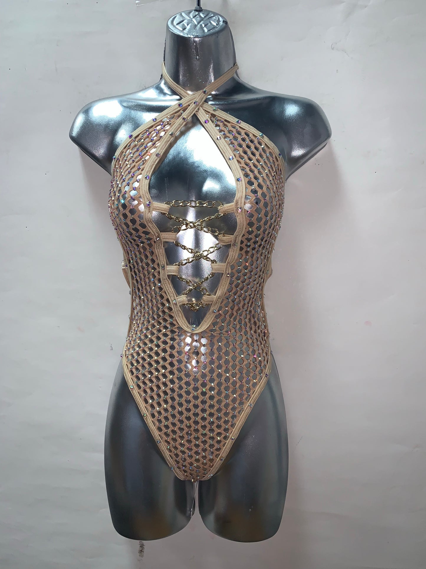 NUDE FISHNET ONE PIECE WITH CHAINS