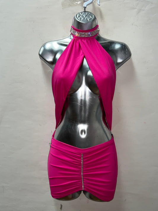 Rhinestone Choker Dress Fuschia