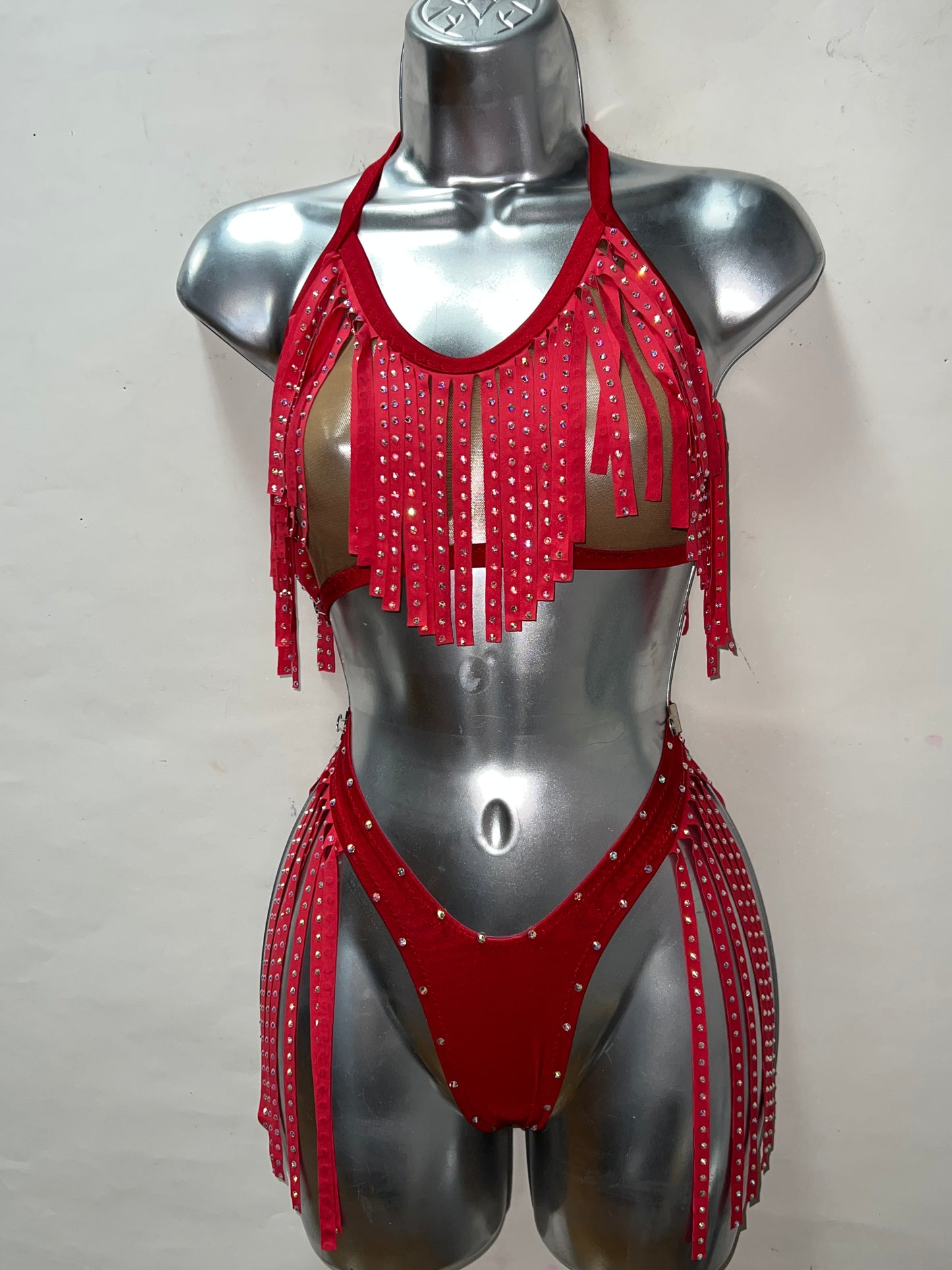 Two Piece Red/Nude Fringe Short Set