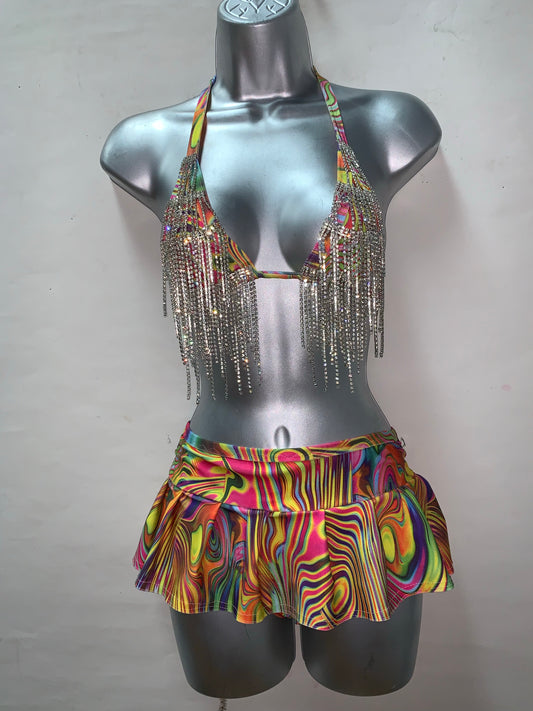 RHINESTONE FRINGE SKIRT SET