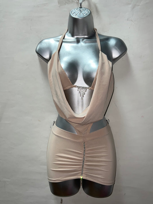 Rhinestone Nude Cowl Neck Dress