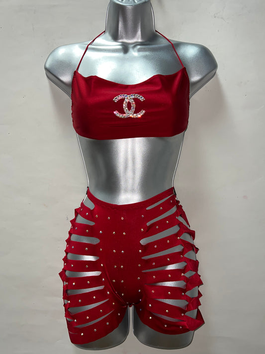 Two Piece Red Short Set w/ Slits