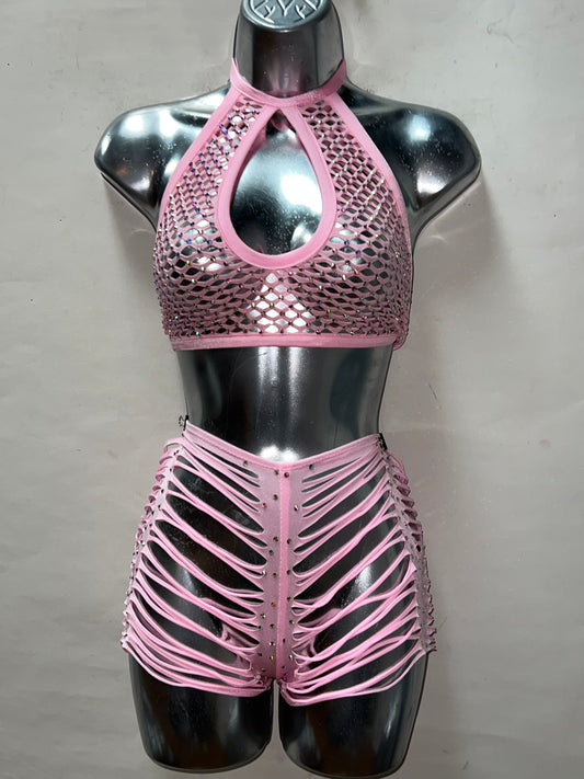 Two Piece Baby Pink Slit Short Set