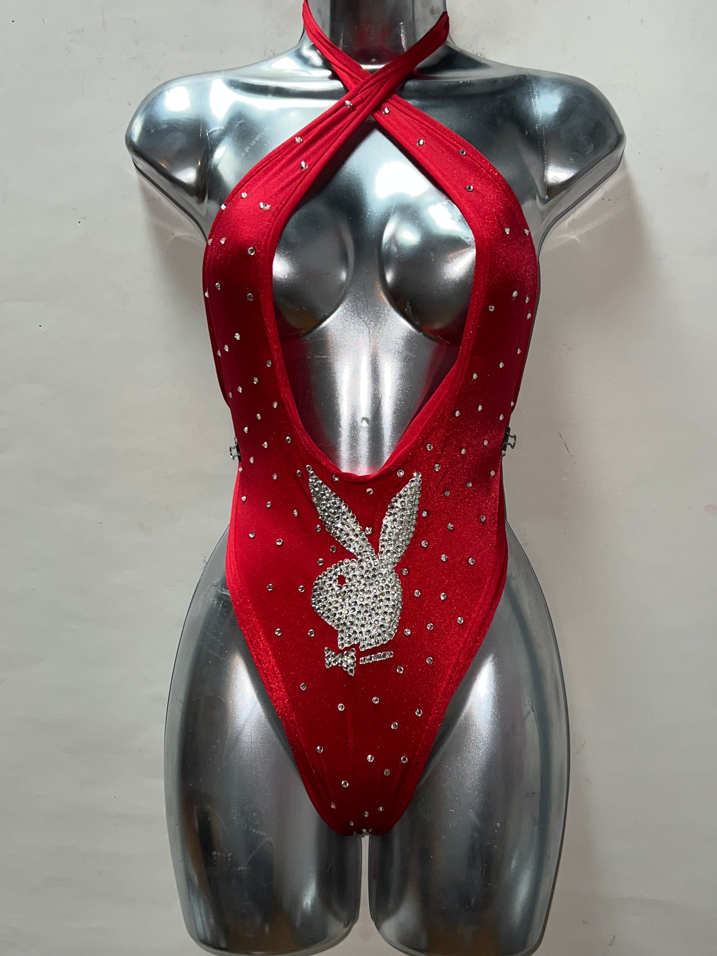 One Piece Red Rhinestone Ensemble