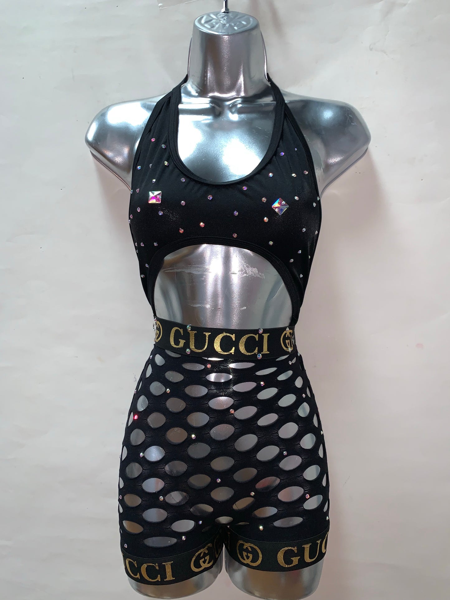 RHINESTONE BLACK ONE PIECE SHORTS