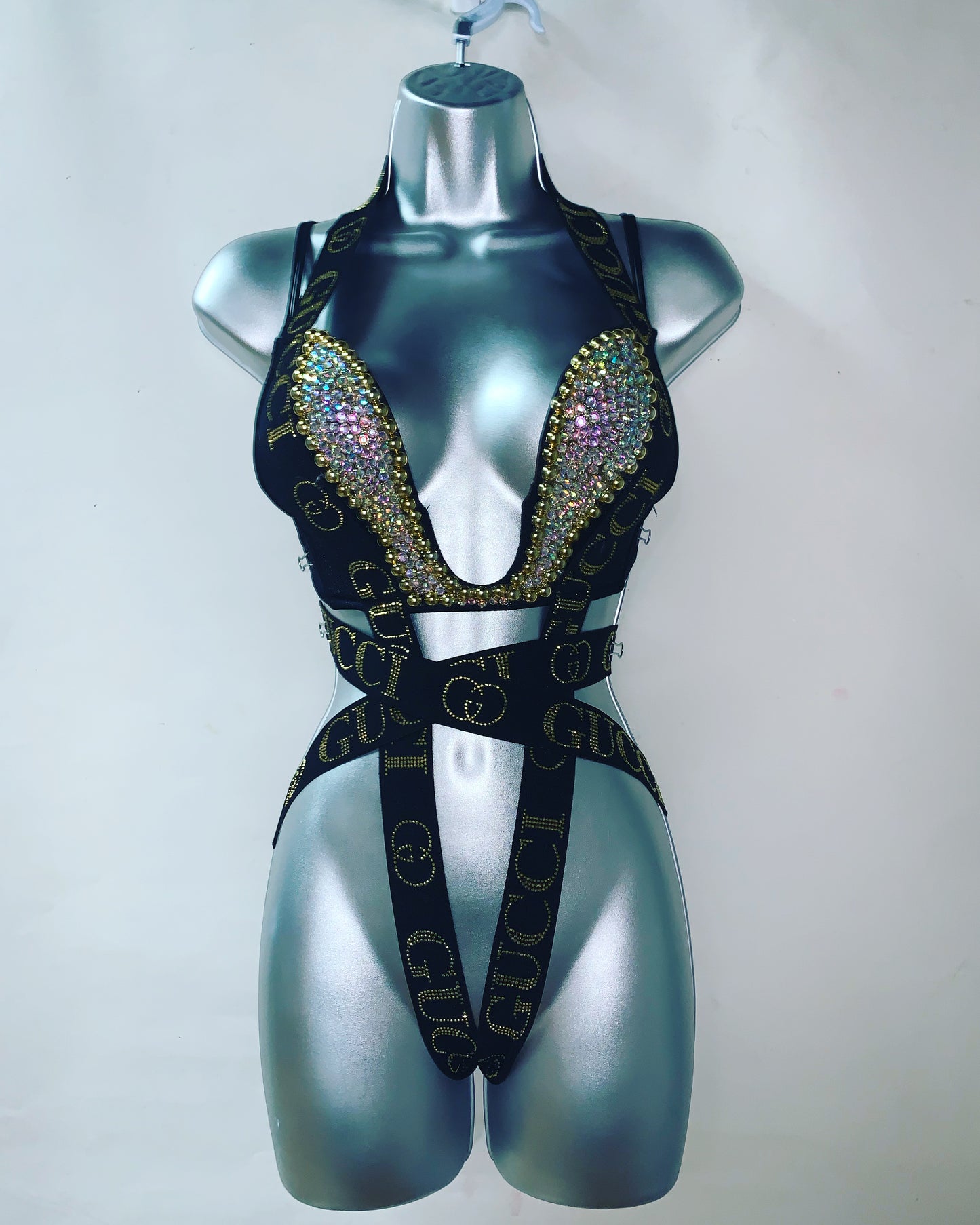 One Piece Rhinestone U Bra Set