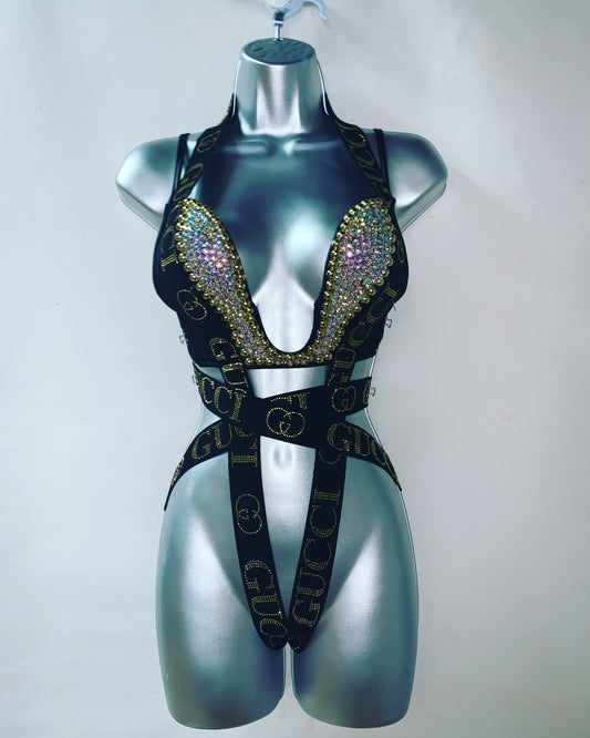 One Piece Rhinestone U Bra Set