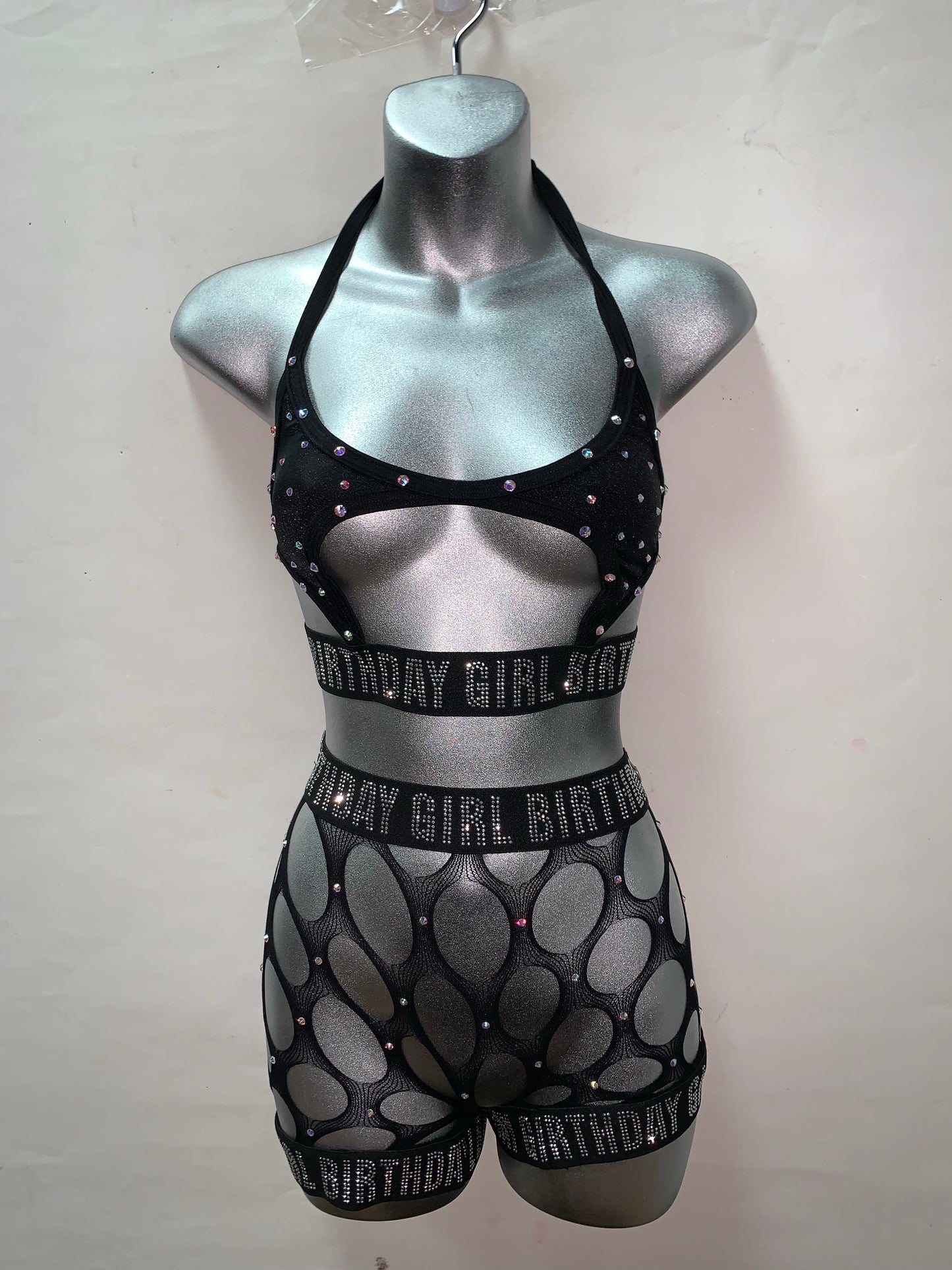 “BIRTHDAY GIRL” TWO PIECE FISHNET SHORTS SET