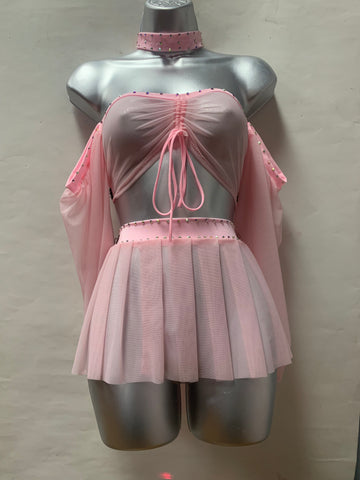 Three Piece Pink Mesh Skirt Set