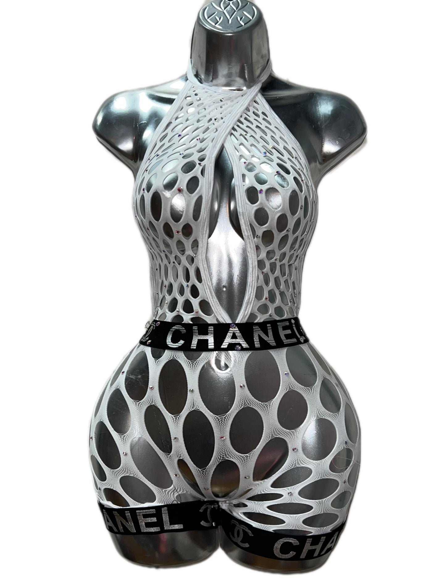 WHITE FISHNET SHORTS ONE PIECE OUTFIT