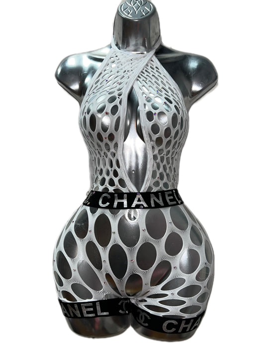 WHITE FISHNET SHORTS ONE PIECE OUTFIT