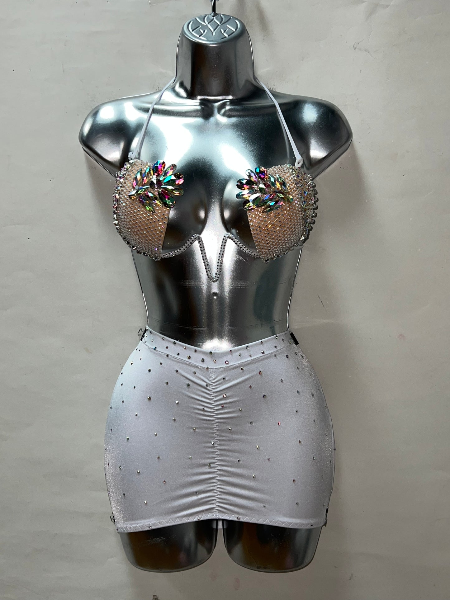 Rhinestone White Bra Set