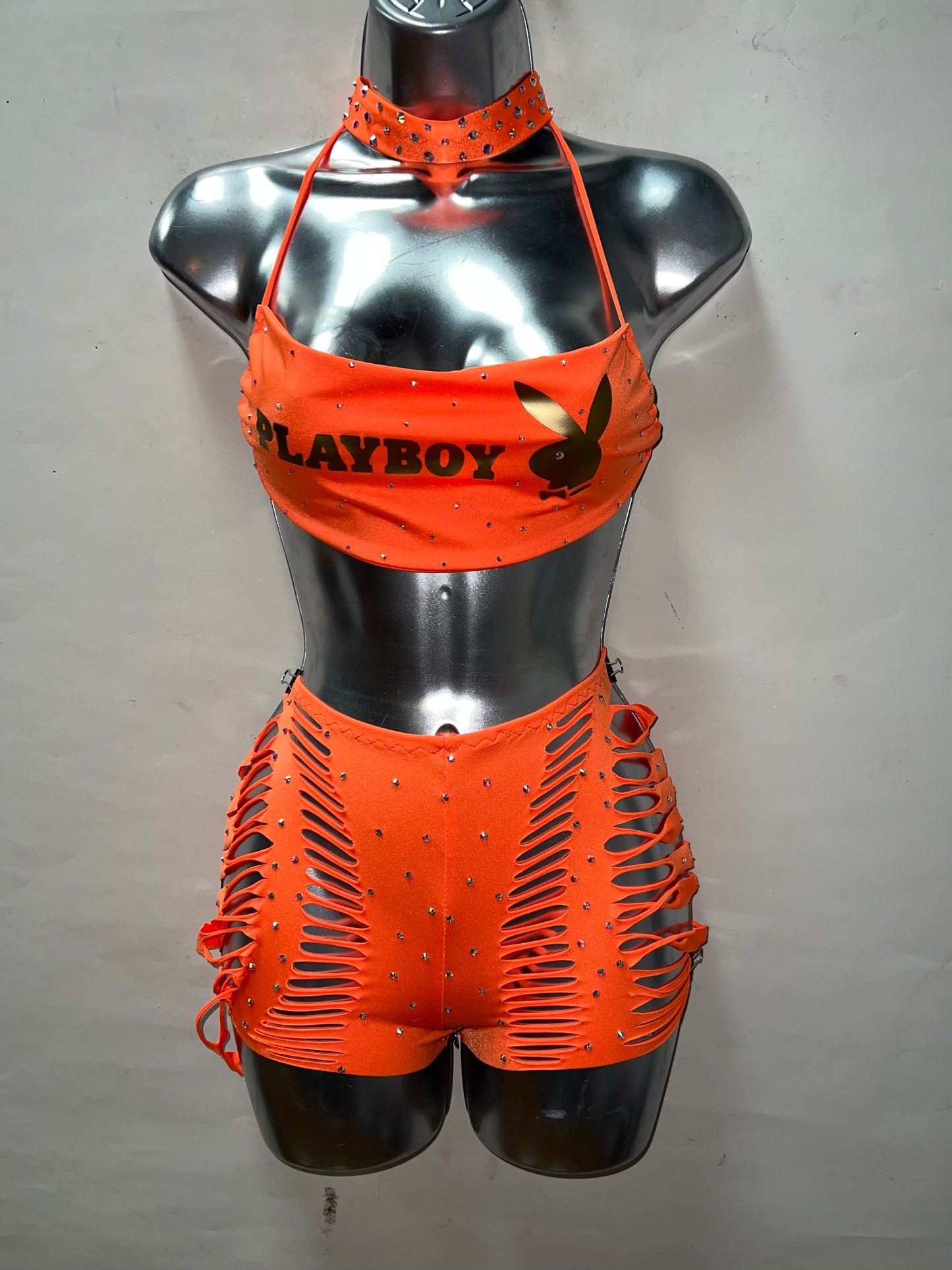 Three Piece Orange Slit Short Set