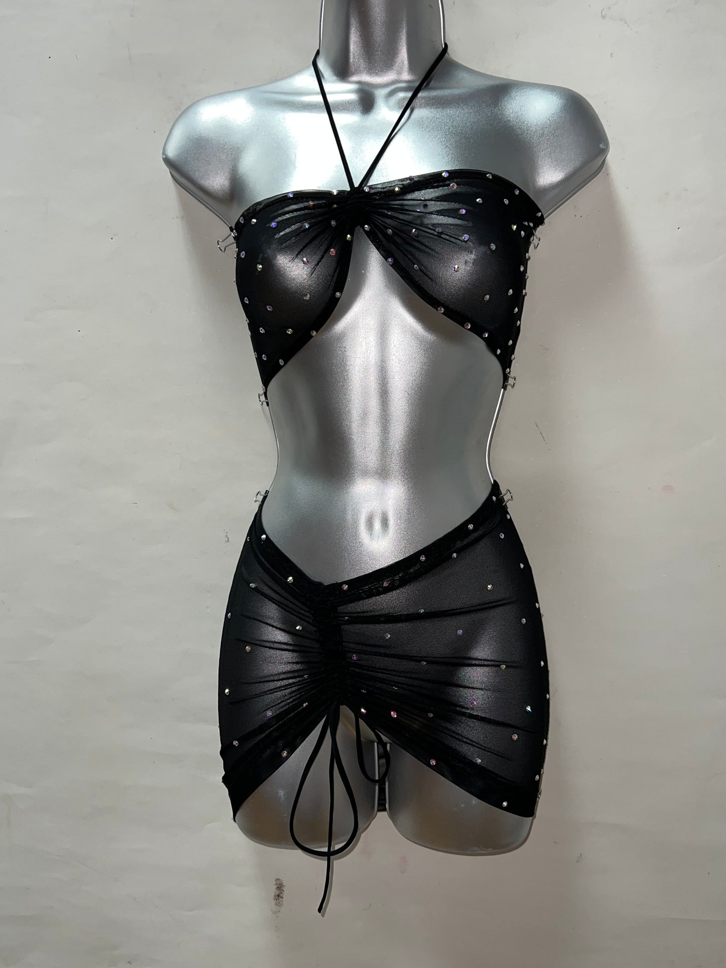 Two Piece Black Mesh Skirt Set