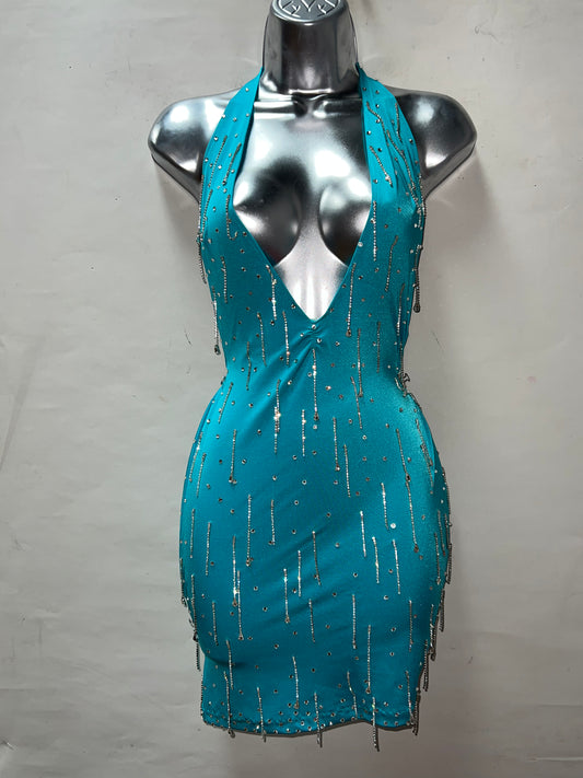 Rhinestone Fringed Blue Dress