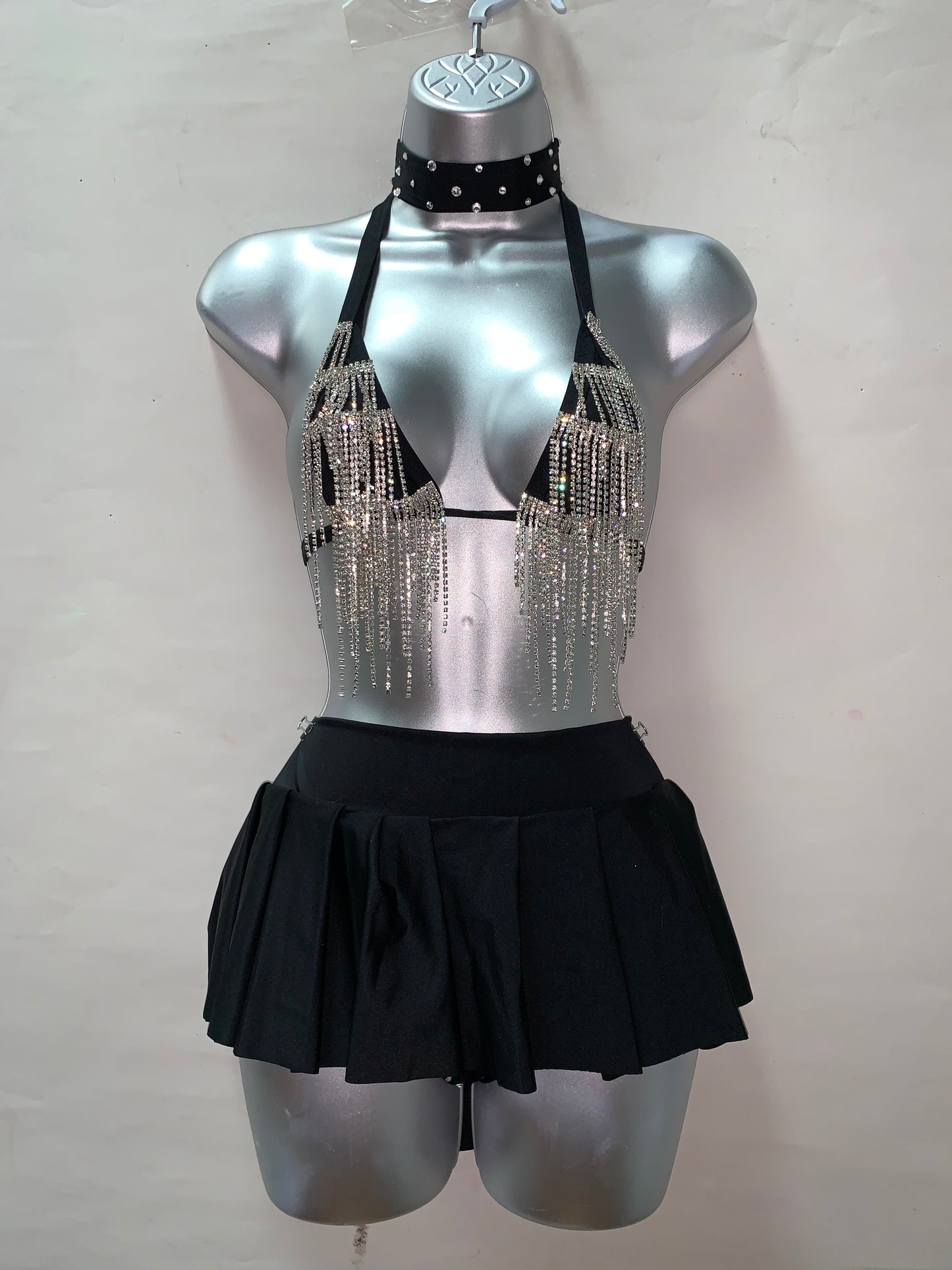 3PCSET RHINESTONE FRINGE SKIRT SET