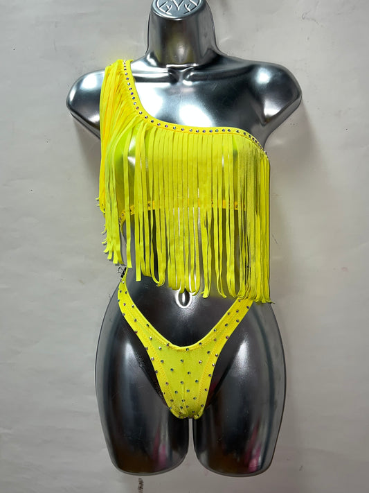 Two Piece Yellow Fringe Short Set