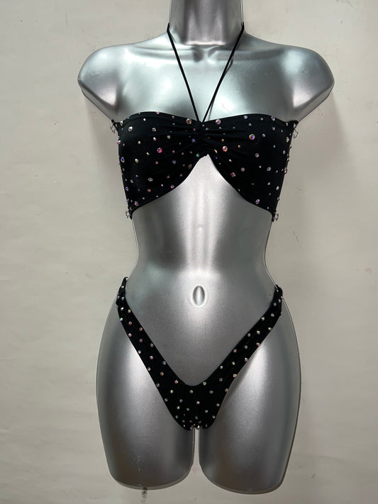 Two Piece Blk Rhinestone Thong Short Set