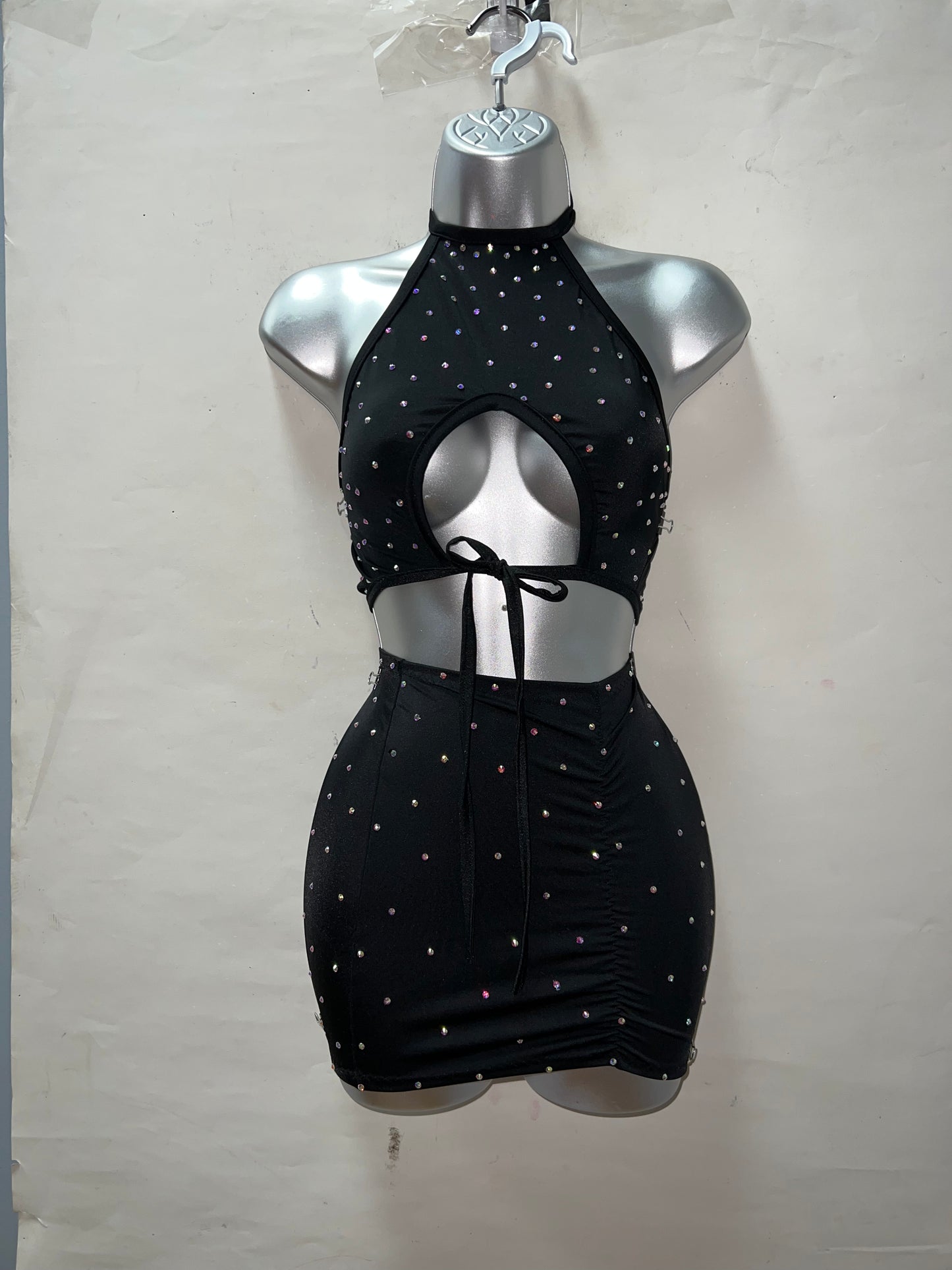 Two Piece Rhinestone Blk Skirt Set