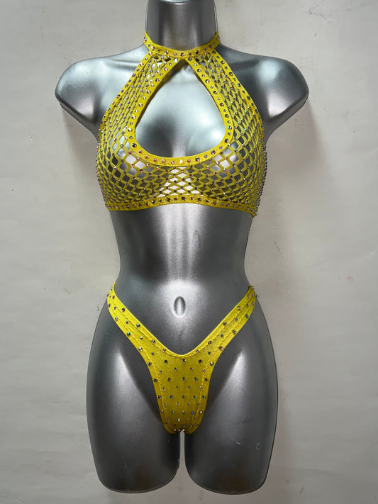 Two Piece Yellow Fishnet Set
