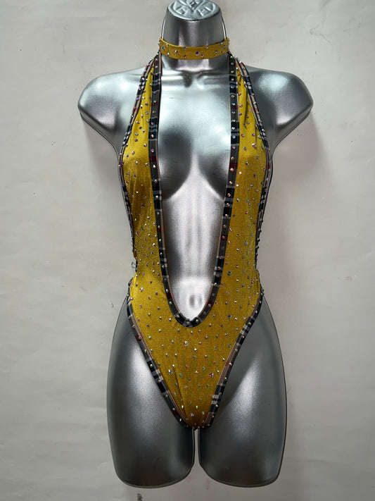 One Piece Rhinestone Thong Back Ensemble