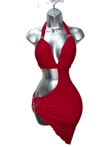 Red Rhinestone Slant Dress