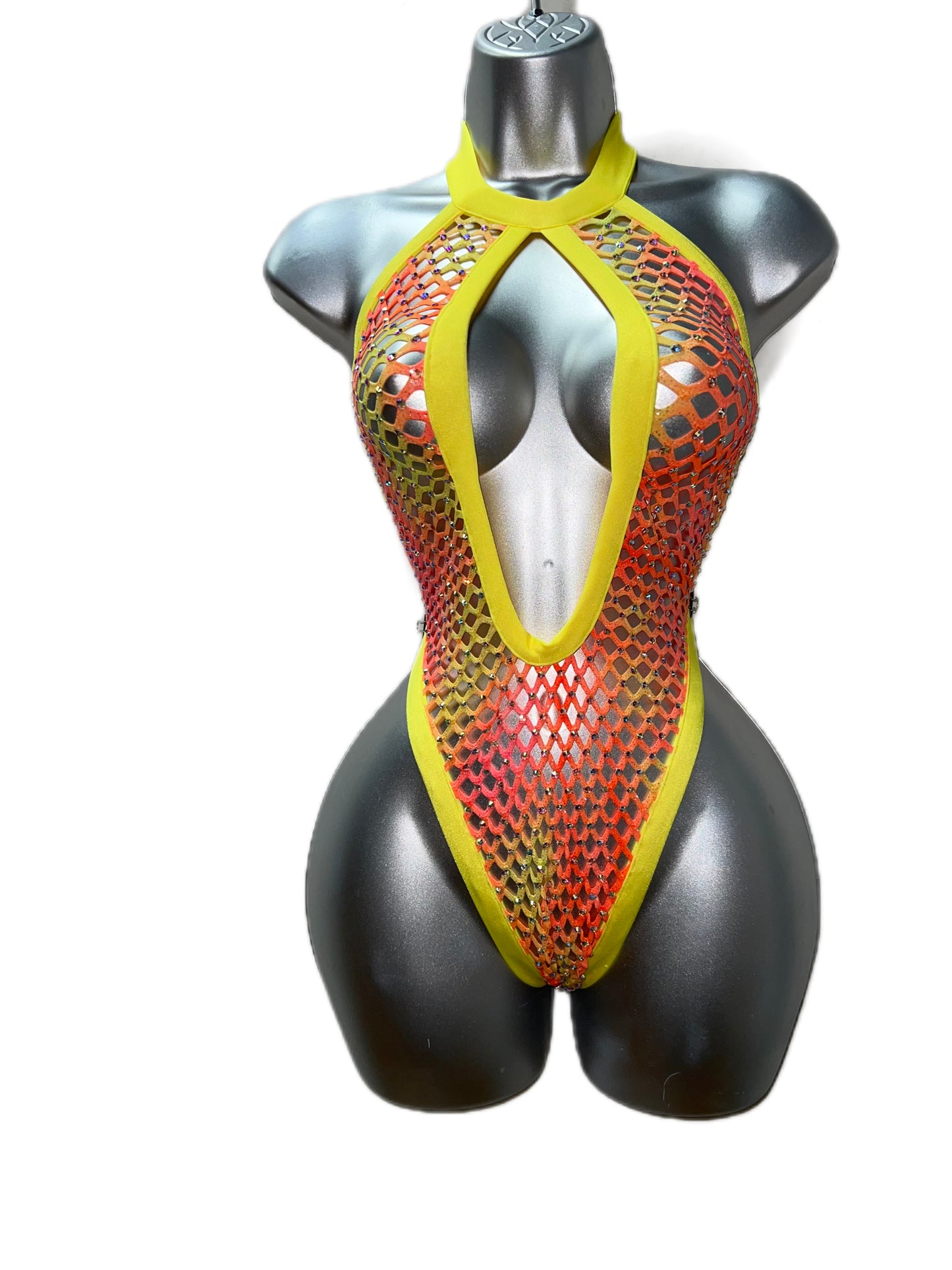 ORANGE AND YELLOW FISHNET ONE PIECE