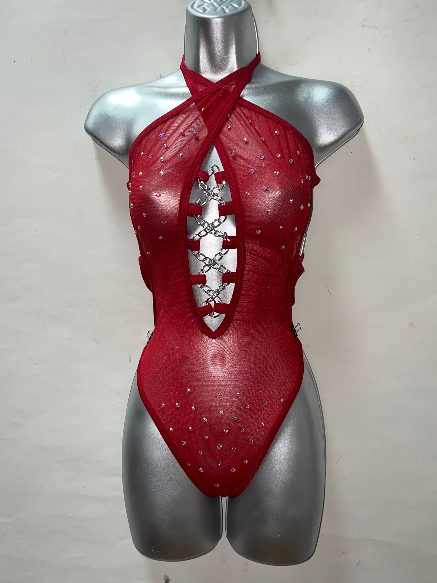 One Piece Red Mesh Rhinestone Ensemble