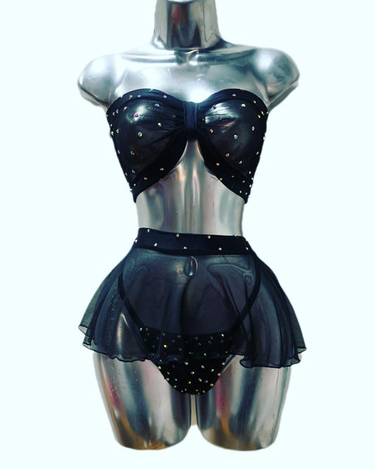 Three Piece Blk Mesh Skirt Set