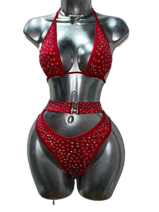 Two Piece Belted Red Set