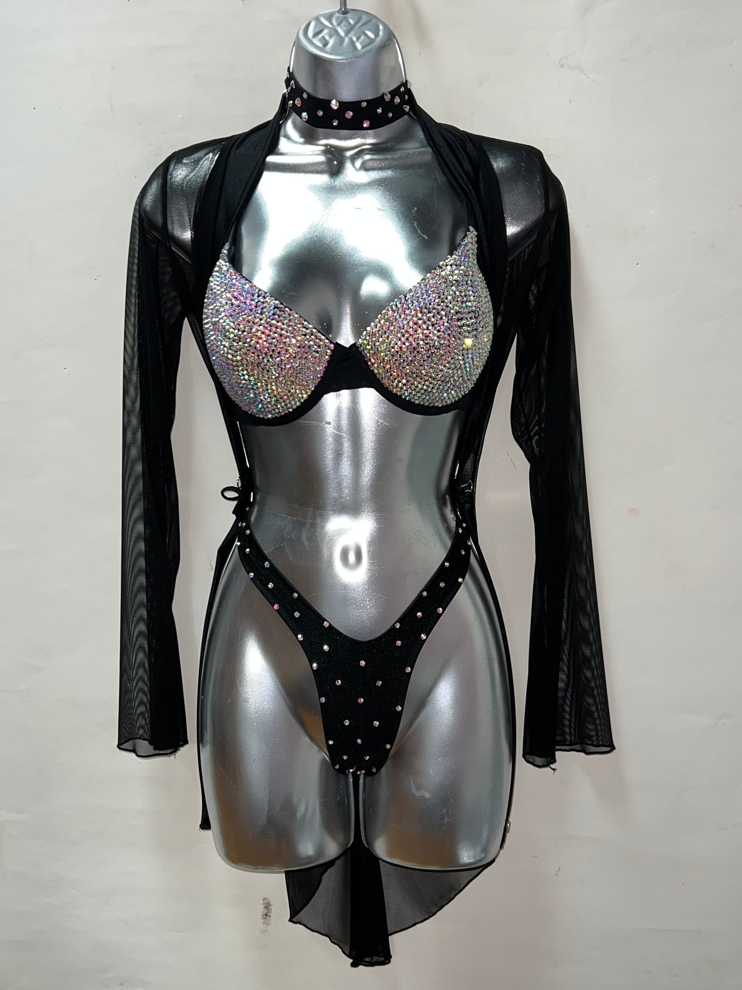 Three Piece Rhinestone Robe and Bra Set