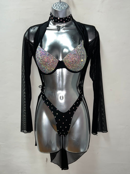 Three Piece Rhinestone Robe and Bra Set