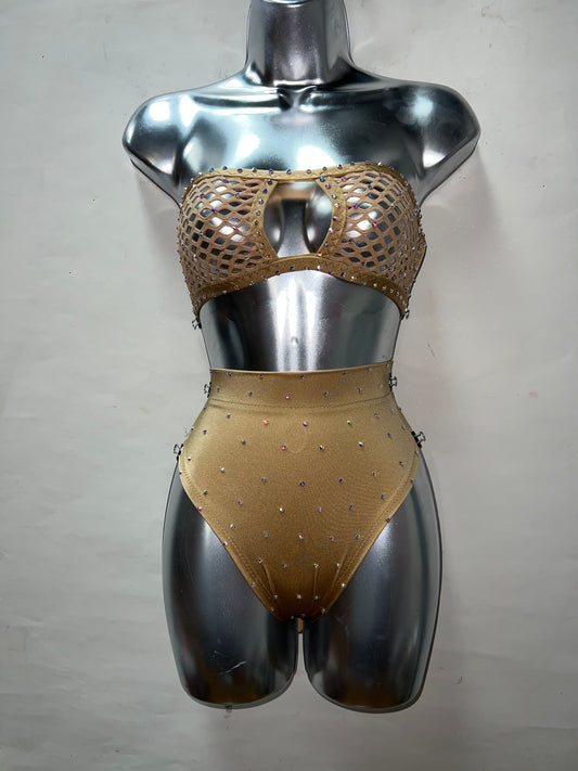 Two Piece Nude Fishnet Hi Waist Set