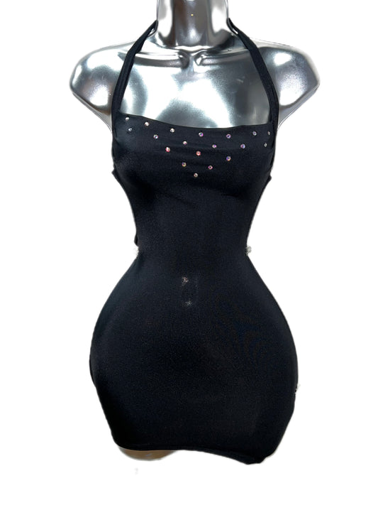Rhinestone Black Halter Dress