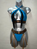 BLUE TWO PIECE OUTFIT WOTH BLACK FRINGE AND CHAIN
