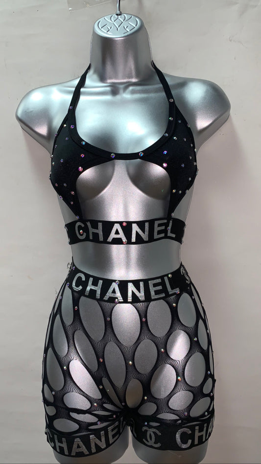 TWO PIECE BLACK FISHNET SET