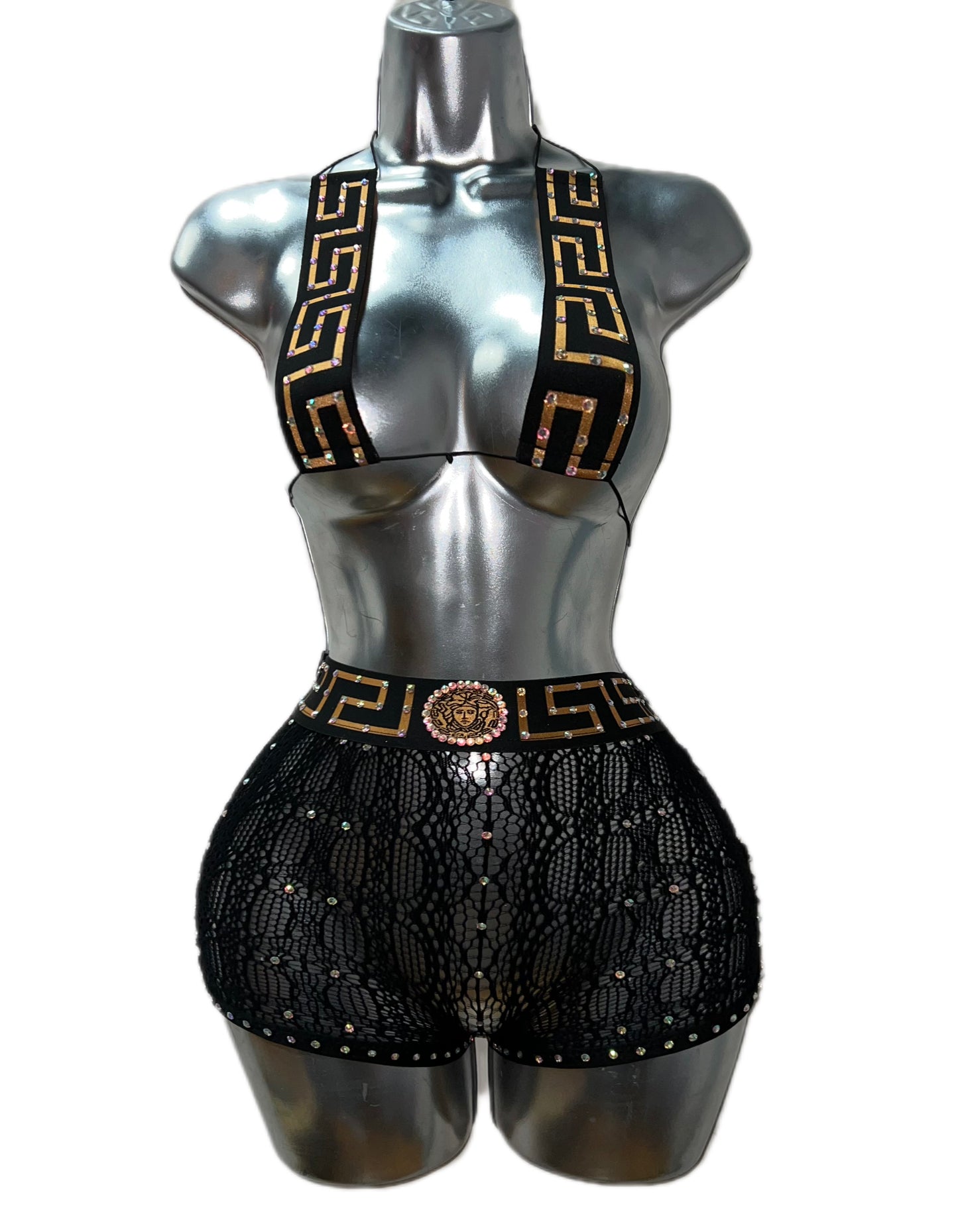 GOLD AND BLACK LACE SHORT SET