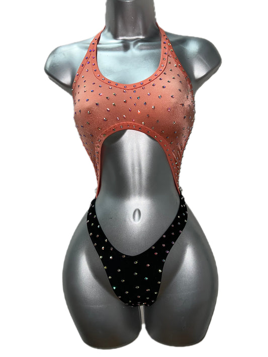 PEACH AND BLACK ONE PIECE BODYSUIT