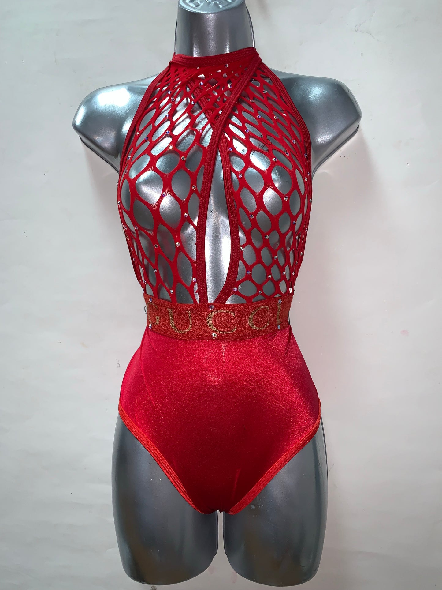 ONE PIECE RHINESTONE RED FISHNET SHORTS