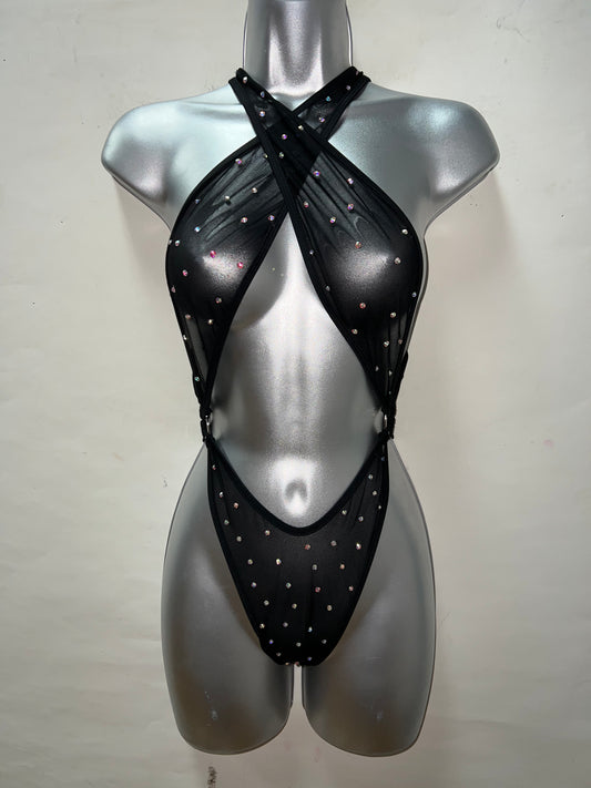 One Piece Blk Rhinestone Ensemble