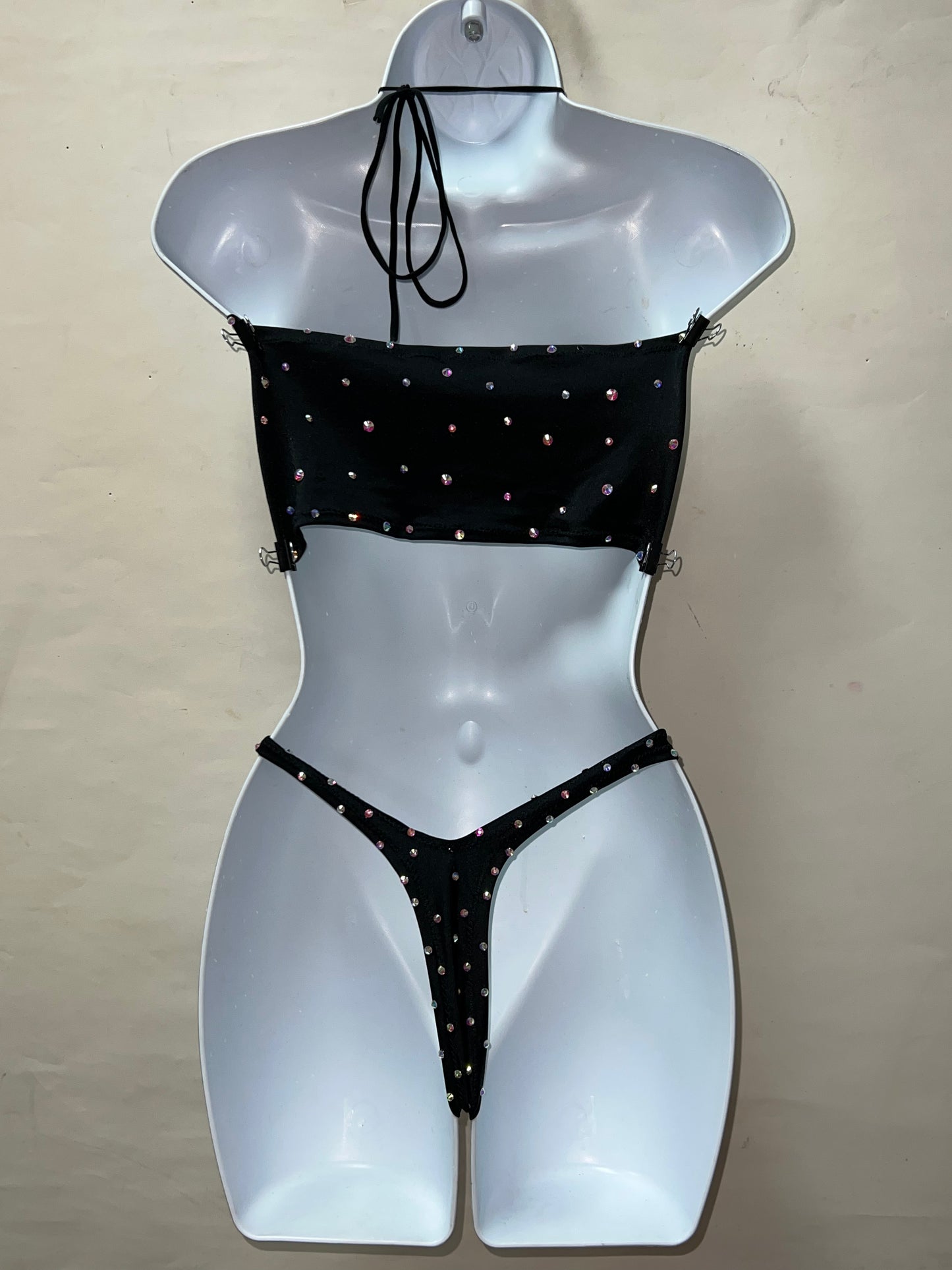 Two Piece Blk Rhinestone Thong Short Set