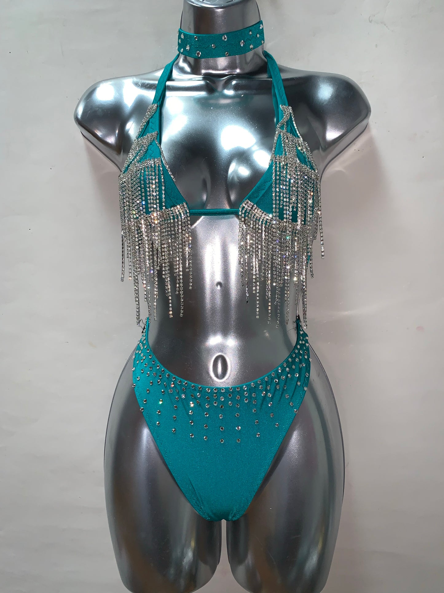 BLUE RHINESTONE FRINGE THREE PIECE SET