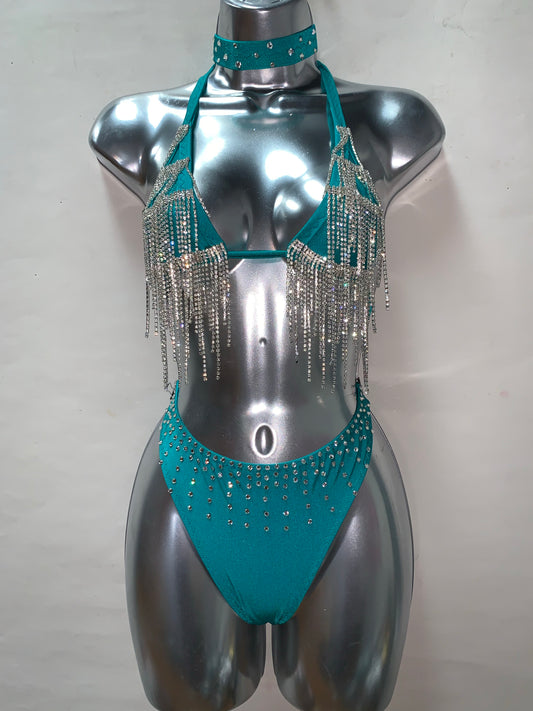 BLUE RHINESTONE FRINGE THREE PIECE SET