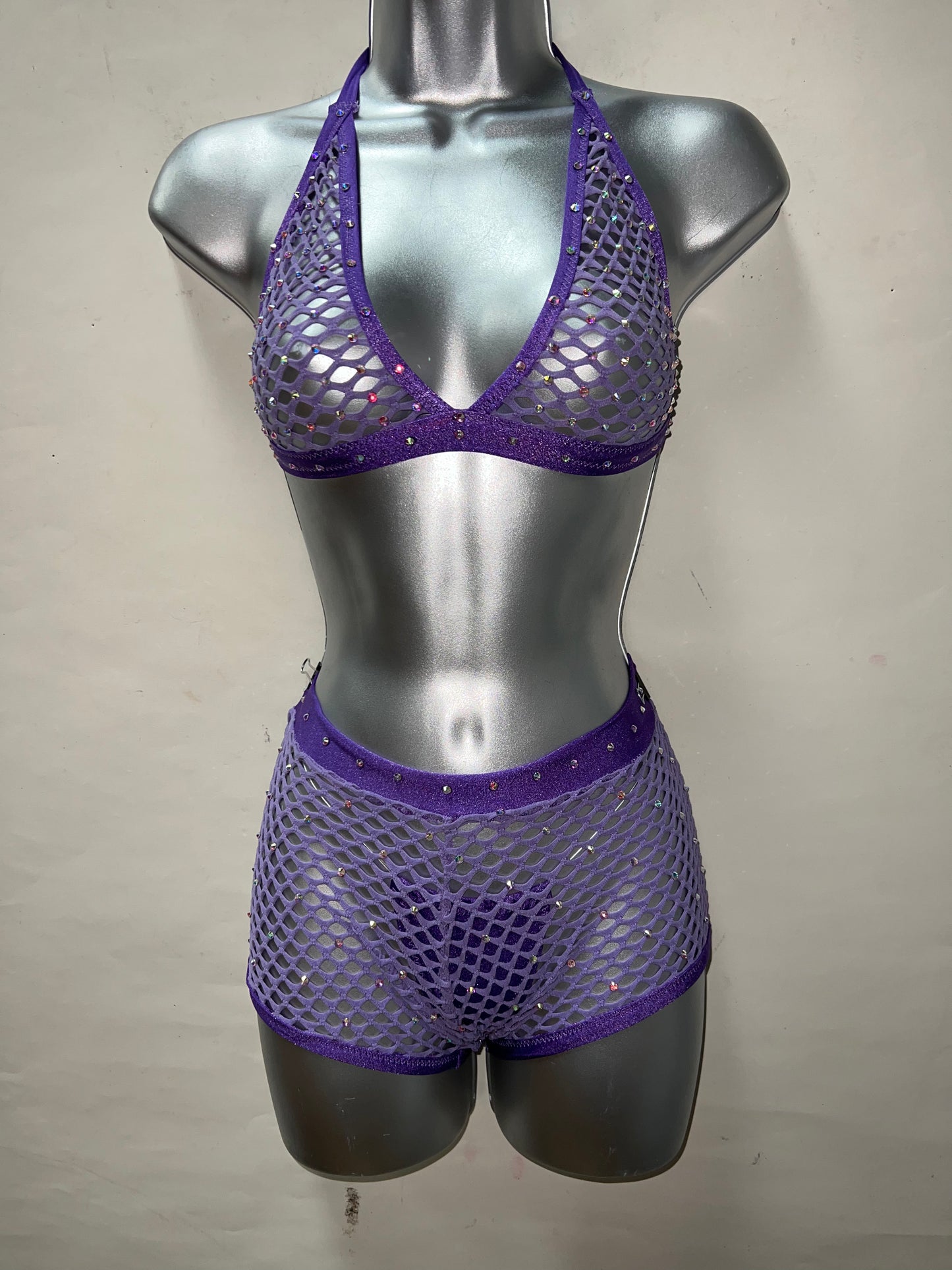 Three Piece Purple Fishnet Set